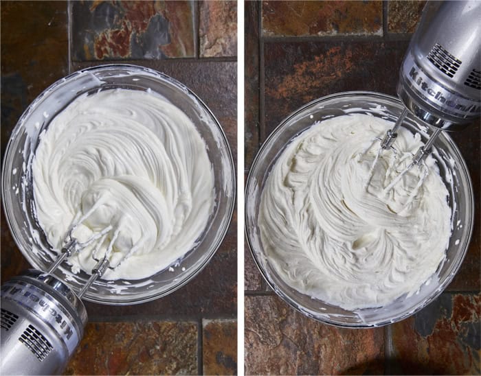 Whisking a light and airy Italian ricotta cheesecake filling with visible vanilla bean specks in a glass mixing bowl.