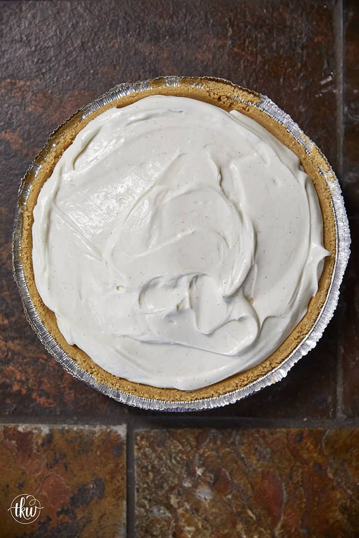A creamy No-Bake Italian Ricotta Cheesecake showing elegant vanilla bean flecks.