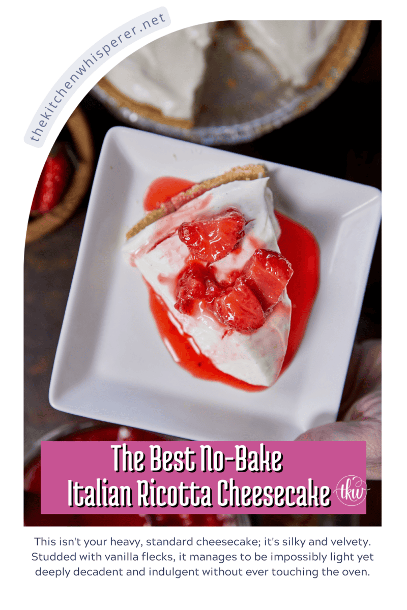 This No-Bake Italian Ricotta Cheesecake is incredibly light, silky, and flecked with real vanilla bean. It’s an elevated, elegant twist on a classic no-bake recipe that takes zero effort. Perfect for dinner parties or a weekend treat! #NoBakeCheesecake #NoBakeRecipe #ItalianDessert #CheesecakeLovers #DessertInspo