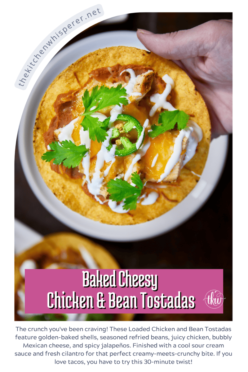 The crunch you've been craving! These Loaded Chicken and Bean Tostadas feature golden-baked shells, seasoned refried beans, juicy chicken, bubbly Mexican cheese, and spicy jalapeños. Finished with a cool sour cream sauce and fresh cilantro for that perfect creamy-meets-crunchy bite. If you love tacos, you have to try this 30-minute twist! #ChickenTostadas #30MinuteMeals #EasyMexicanRecipes #WeeknightDinnerIdeas #BudgetFriendlyCooking