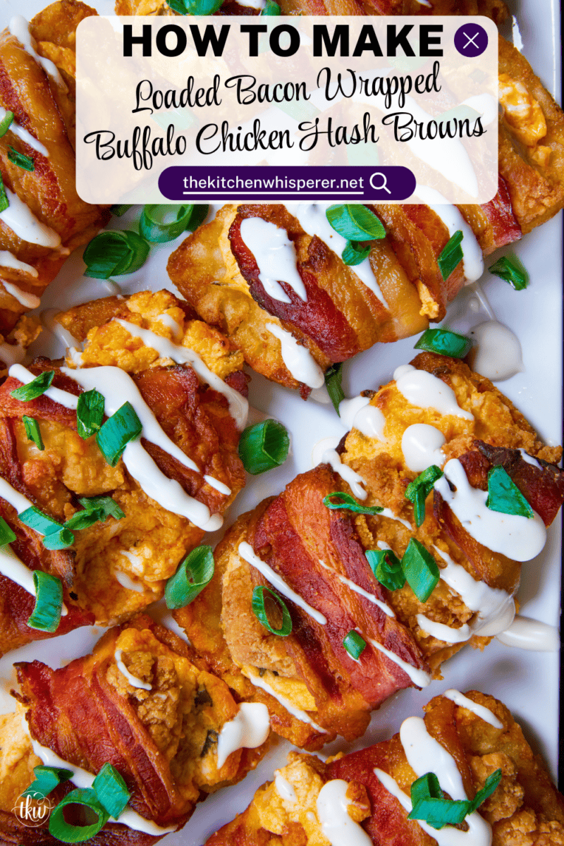 This isn't just a snack—it's a full-blown sheet pan meal! These Loaded Bacon Wrapped Buffalo Chicken Hash Browns start with cripsy hash browns loaded with buffalo chicken and wrapped in smoky bacon. The ultimate comfort food dinner that's worth the wait! The ultimate meal prep dinner for game day or busy weeknights. #SheetPanMeals #BuffaloChicken #BaconWrapped #Hashbrowns #EasyDinner