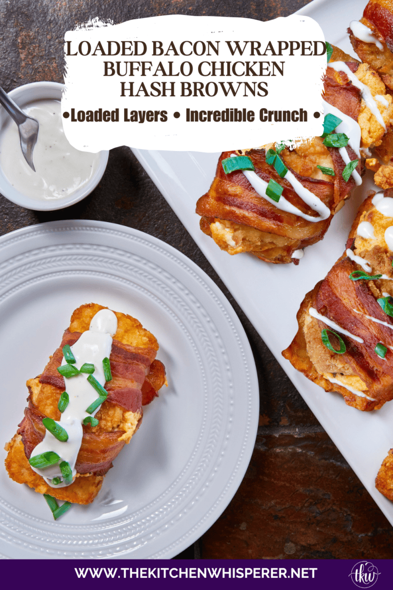This isn't just a snack—it's a full-blown sheet pan meal! These Loaded Bacon Wrapped Buffalo Chicken Hash Browns start with cripsy hash browns loaded with buffalo chicken and wrapped in smoky bacon. The ultimate comfort food dinner that's worth the wait! The ultimate meal prep dinner for game day or busy weeknights. #SheetPanMeals #BuffaloChicken #BaconWrapped #Hashbrowns #EasyDinner