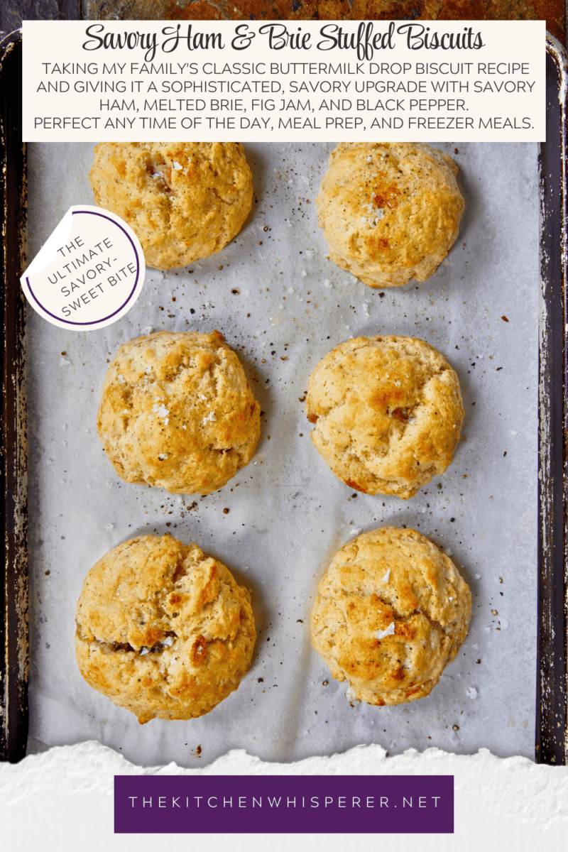 Taking my family's classic buttermilk drop biscuit recipe and give it a sophisticated, savory upgrade with savory ham, melted brie, fig jam, and black pepper. Perfect any time of the day, meal prep, and freeze meals. #ButtermilkBiscuits #BrunchRecipes #SavoryBaking #ComfortFood #stuffedbiscuits #hamandcheesebiscuits