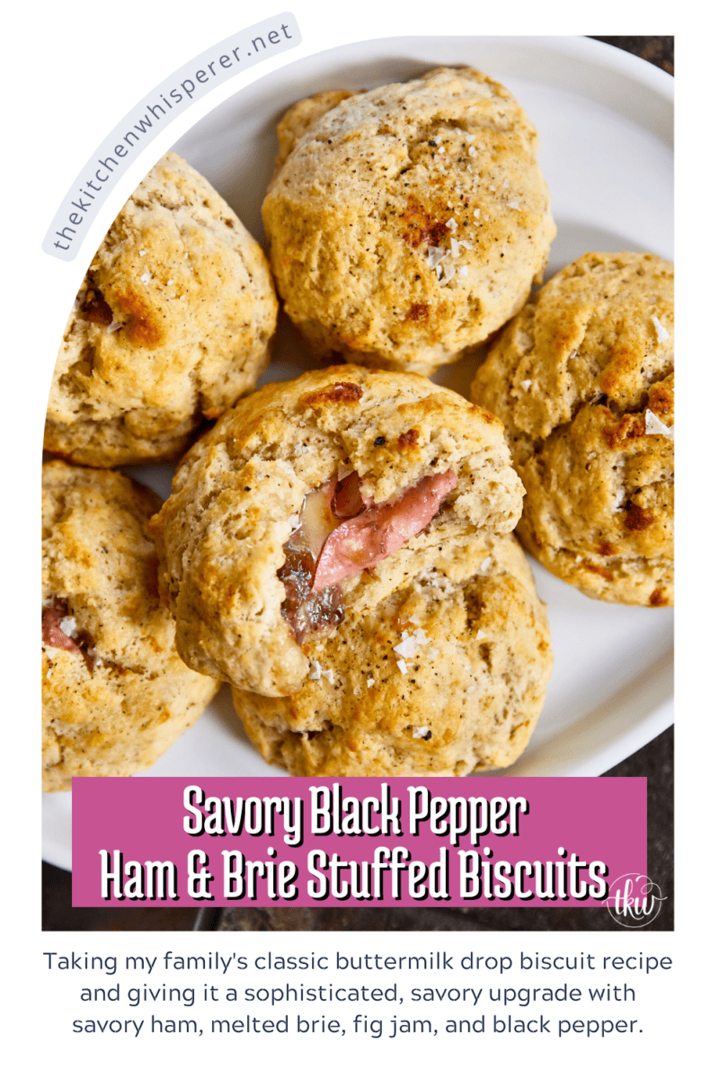 Taking my family's classic buttermilk drop biscuit recipe and give it a sophisticated, savory upgrade with savory ham, melted brie, fig jam, and black pepper. Perfect any time of the day, meal prep, and freeze meals. #ButtermilkBiscuits #BrunchRecipes #SavoryBaking #ComfortFood #stuffedbiscuits #hamandcheesebiscuits