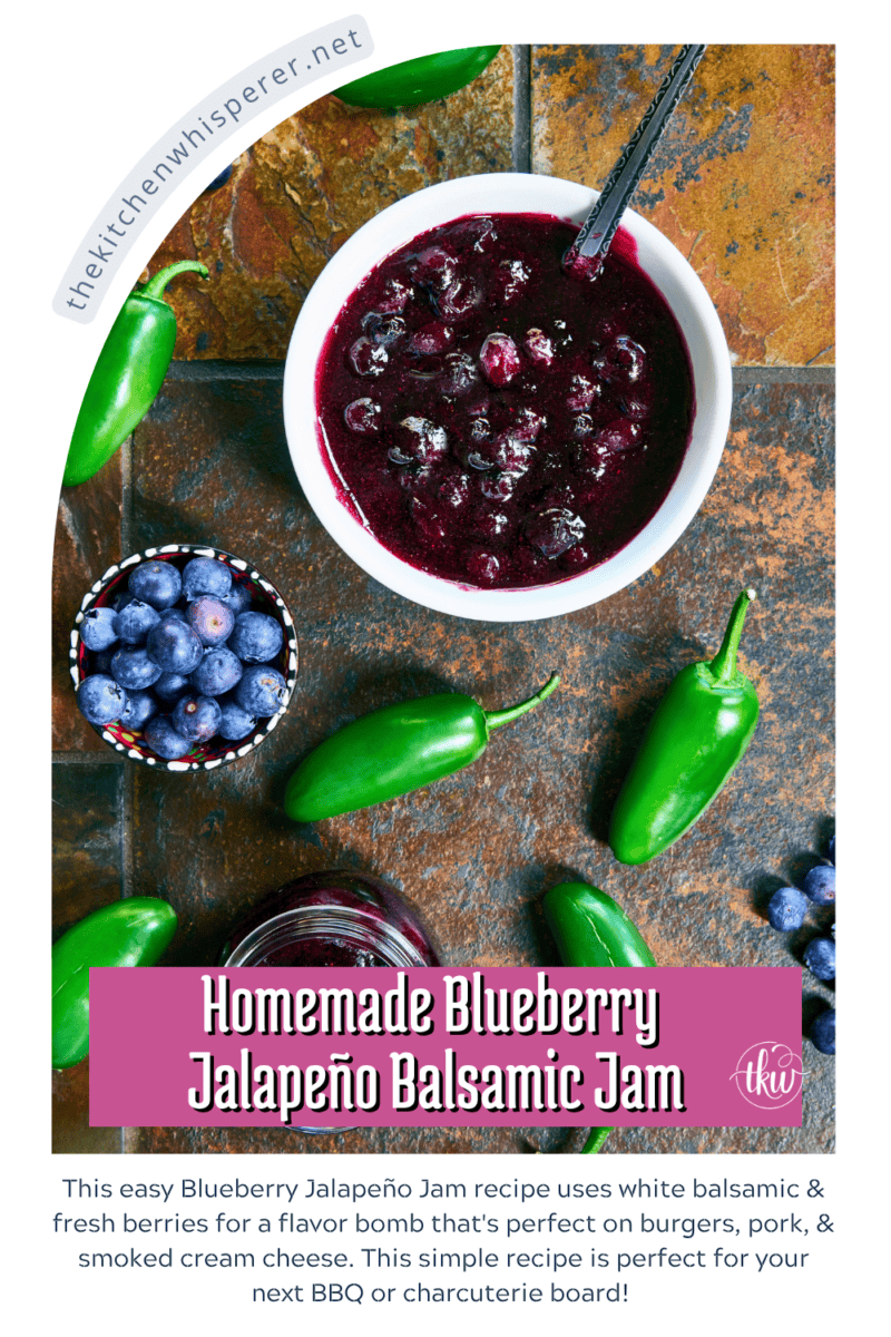This easy Blueberry Jalapeño Jam recipe uses white balsamic and fresh berries for a flavor bomb that's perfect on burgers, pork, and smoked cream cheese. Whether you're a canning pro or just want a quick refrigerator jam, this simple recipe is a game changer for your next BBQ or charcuterie board! #BlueberryJalapenoJam #SweetHeat #CanningRecipes #HomemadeJam #SummerPreserves #AppetizerRecipes #SmokedCreamCheese #JalapenoBlueberry