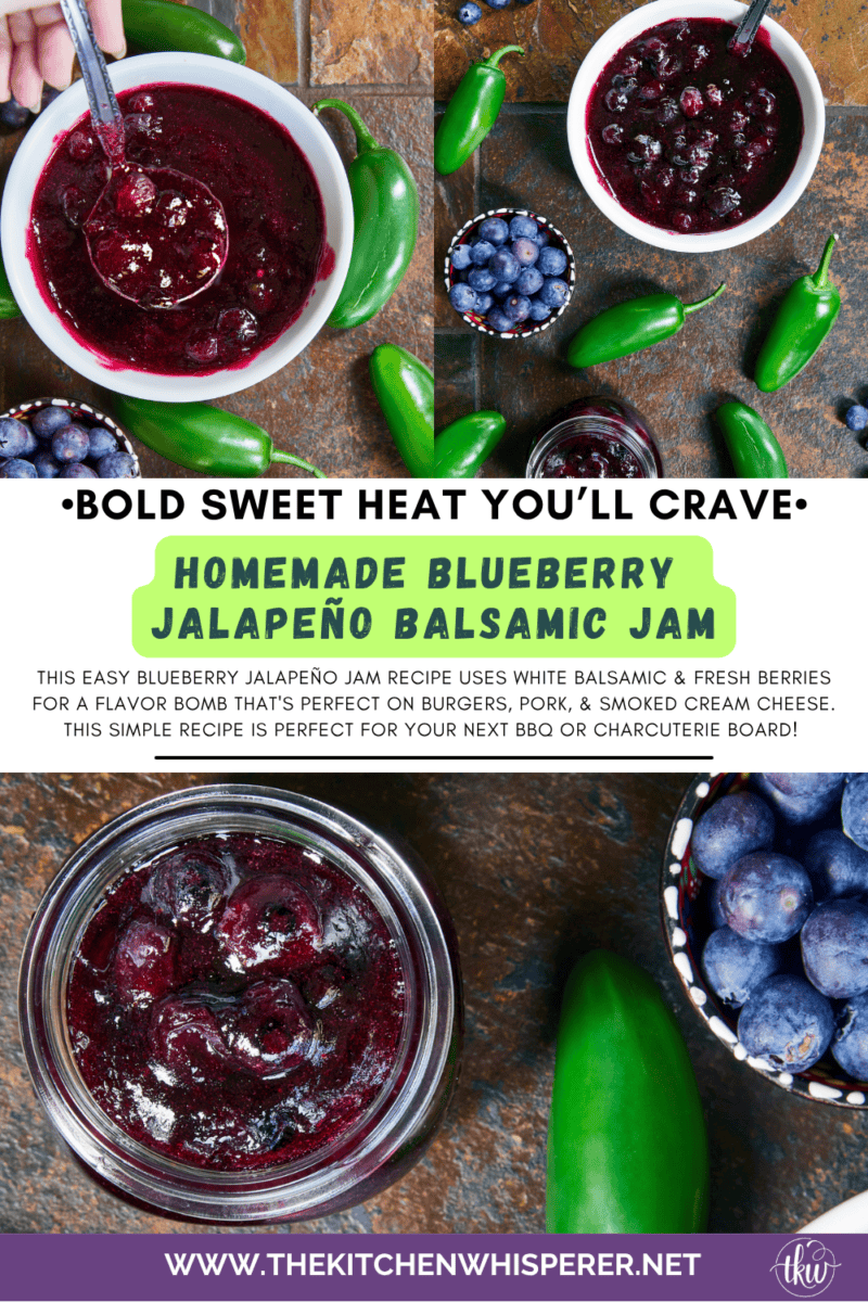 This easy Blueberry Jalapeño Jam recipe uses white balsamic and fresh berries for a flavor bomb that's perfect on burgers, pork, and smoked cream cheese. Whether you're a canning pro or just want a quick refrigerator jam, this simple recipe is a game changer for your next BBQ or charcuterie board! #BlueberryJalapenoJam #SweetHeat #CanningRecipes #HomemadeJam #SummerPreserves #AppetizerRecipes #SmokedCreamCheese #JalapenoBlueberry