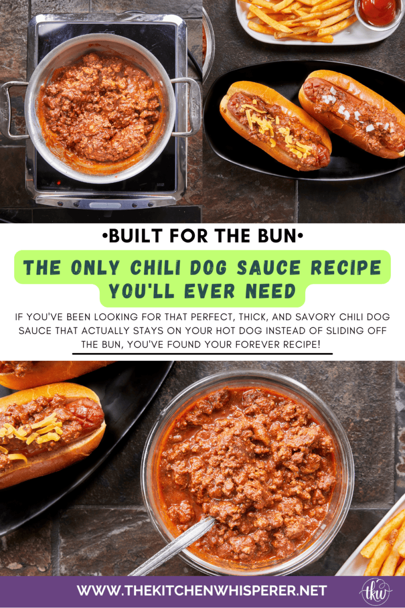 This Homemade Chili Dog Sauce is thick, savory, and the only recipe you’ll ever need. It’s a bean-free, pantry-staple meat sauce that stays on the dog and tastes like it simmered all day. Perfect for your next backyard BBQ, game day nachos, or loaded fries! One bite and you'll never go back to store-bought. #ChiliDog #SummerGrilling #ChiliDogSauce #EasyRecipes