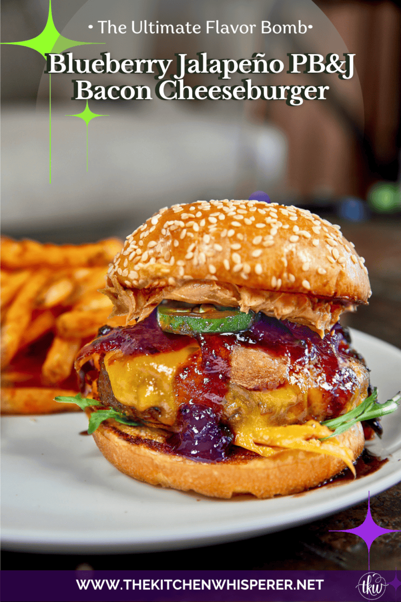 This Blueberry Jalapeño PB&J Bacon Cheeseburger is the best burger of the summer! Smoked ground brisket, melted cheddar, crispy bacon, and a sweet heat kick of blueberry jalapeño balsamic jam. #PBJBurger #BurgerRecipes #GrillingSeason