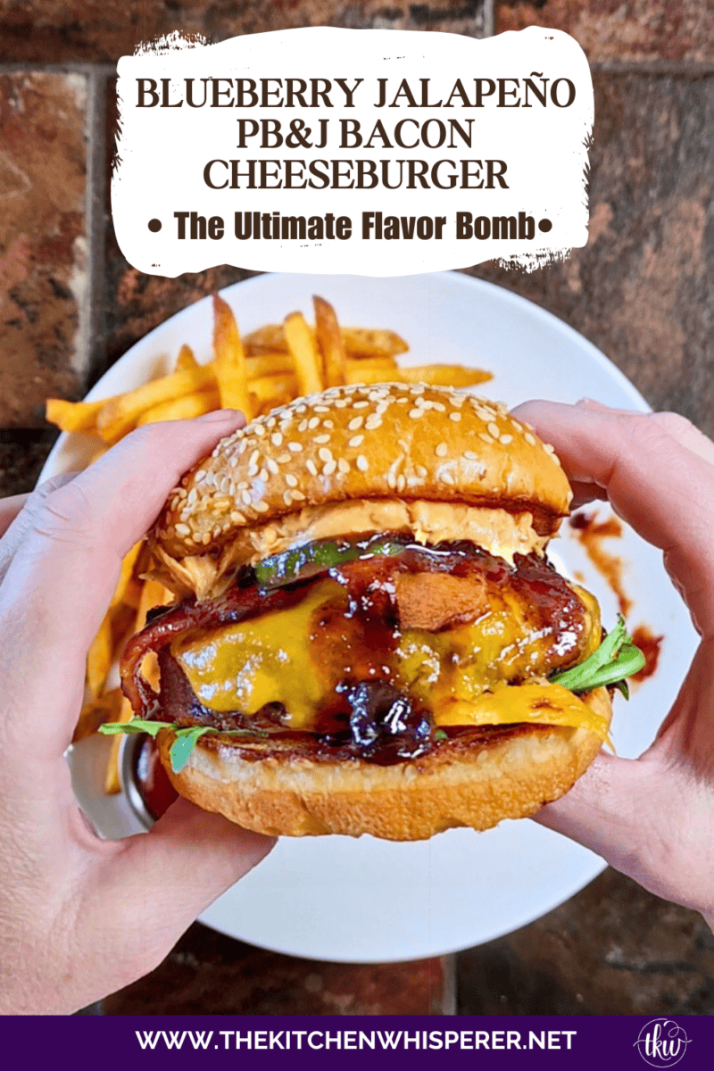 This Blueberry Jalapeño PB&J Bacon Cheeseburger is the best burger of the summer! Smoked ground brisket, melted cheddar, crispy bacon, and a sweet heat kick of blueberry jalapeño balsamic jam. #PBJBurger #BurgerRecipes #GrillingSeason