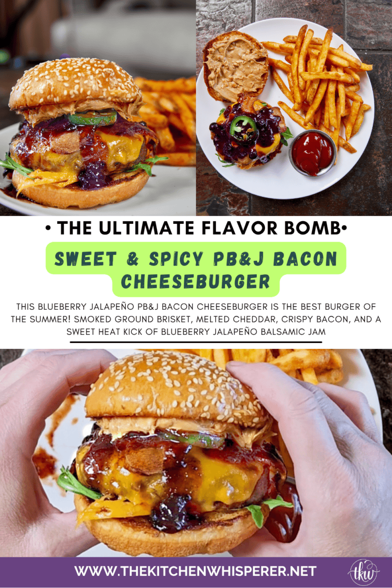 This Blueberry Jalapeño PB&J Bacon Cheeseburger is the best burger of the summer! Smoked ground brisket, melted cheddar, crispy bacon, and a sweet heat kick of blueberry jalapeño balsamic jam. #PBJBurger #BurgerRecipes #GrillingSeason