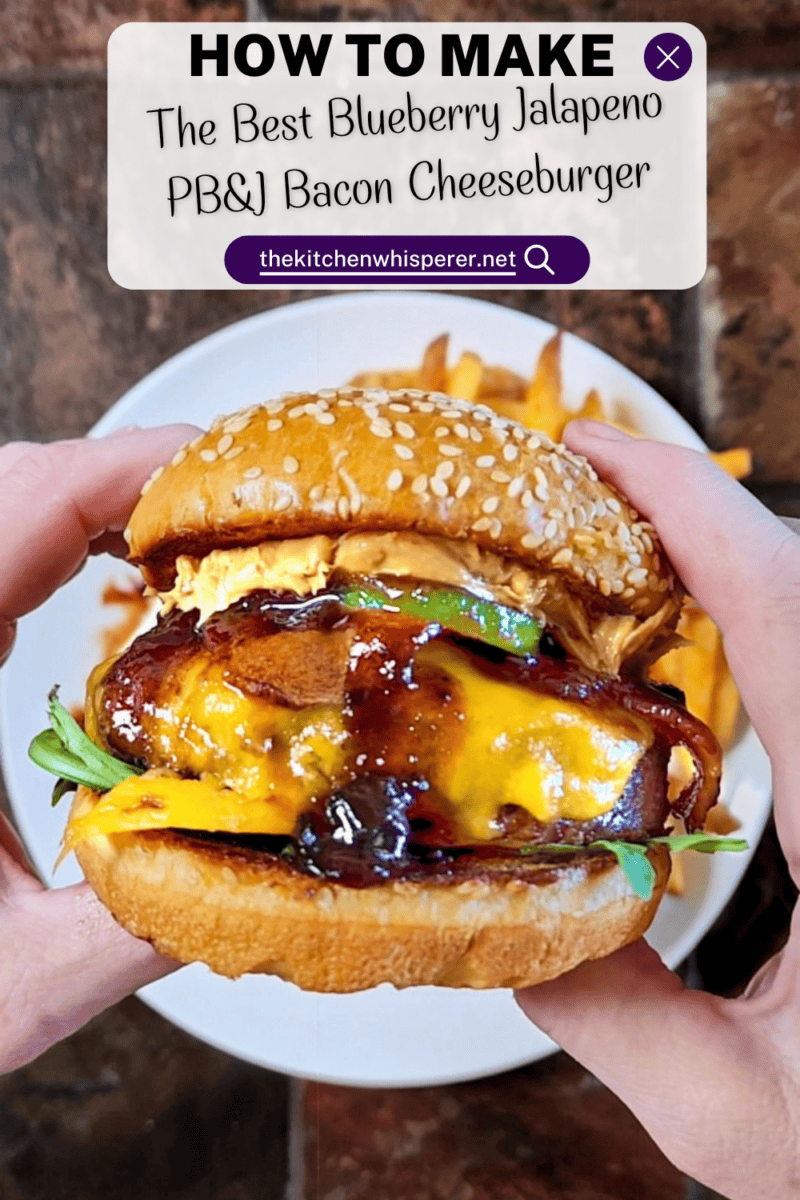 This Blueberry Jalapeño PB&J Bacon Cheeseburger is the best burger of the summer! Smoked ground brisket, melted cheddar, crispy bacon, and a sweet heat kick of blueberry jalapeño balsamic jam. #PBJBurger #BurgerRecipes #GrillingSeason