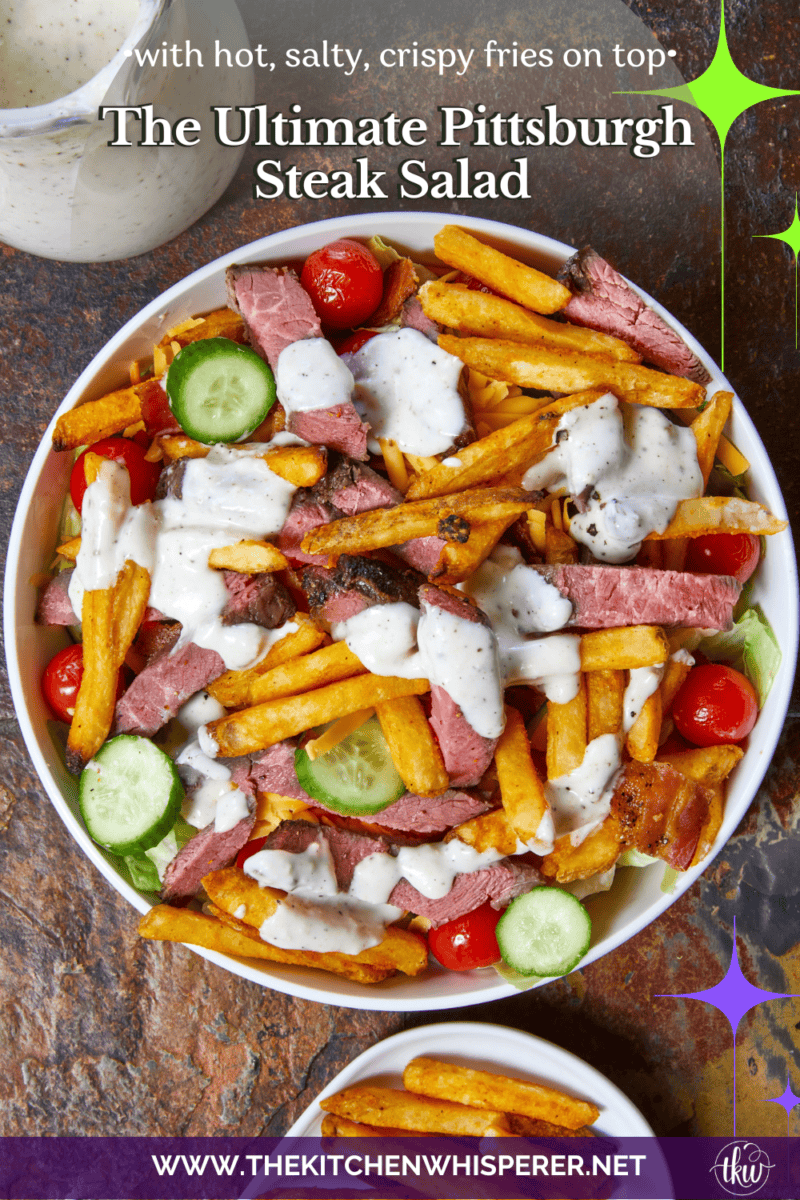 This authentic Pittsburgh Steak Salad features juicy, seared steak strips and a mountain of crispy, golden fries over fresh romaine , veggies, and cool ranch. It’s a Steel City classic that proves fries belong on everything! Perfect for a hearty lunch or a quick weeknight dinner. #PittsburghSteakSalad #SteelCityEats #FriesOnEverything #SaladGoals #EasyDinner
