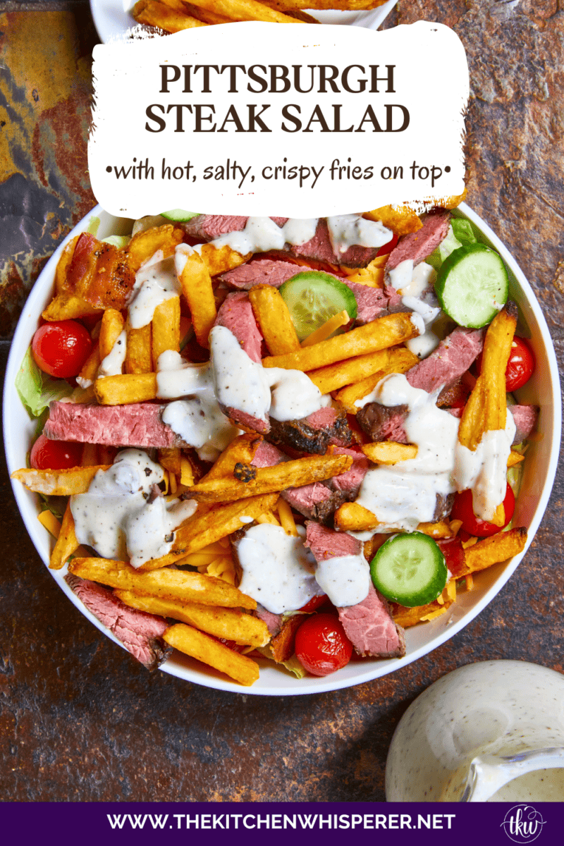 This authentic Pittsburgh Steak Salad features juicy, seared steak strips and a mountain of crispy, golden fries over fresh romaine , veggies, and cool ranch. It’s a Steel City classic that proves fries belong on everything! Perfect for a hearty lunch or a quick weeknight dinner. #PittsburghSteakSalad #SteelCityEats #FriesOnEverything #SaladGoals #EasyDinner