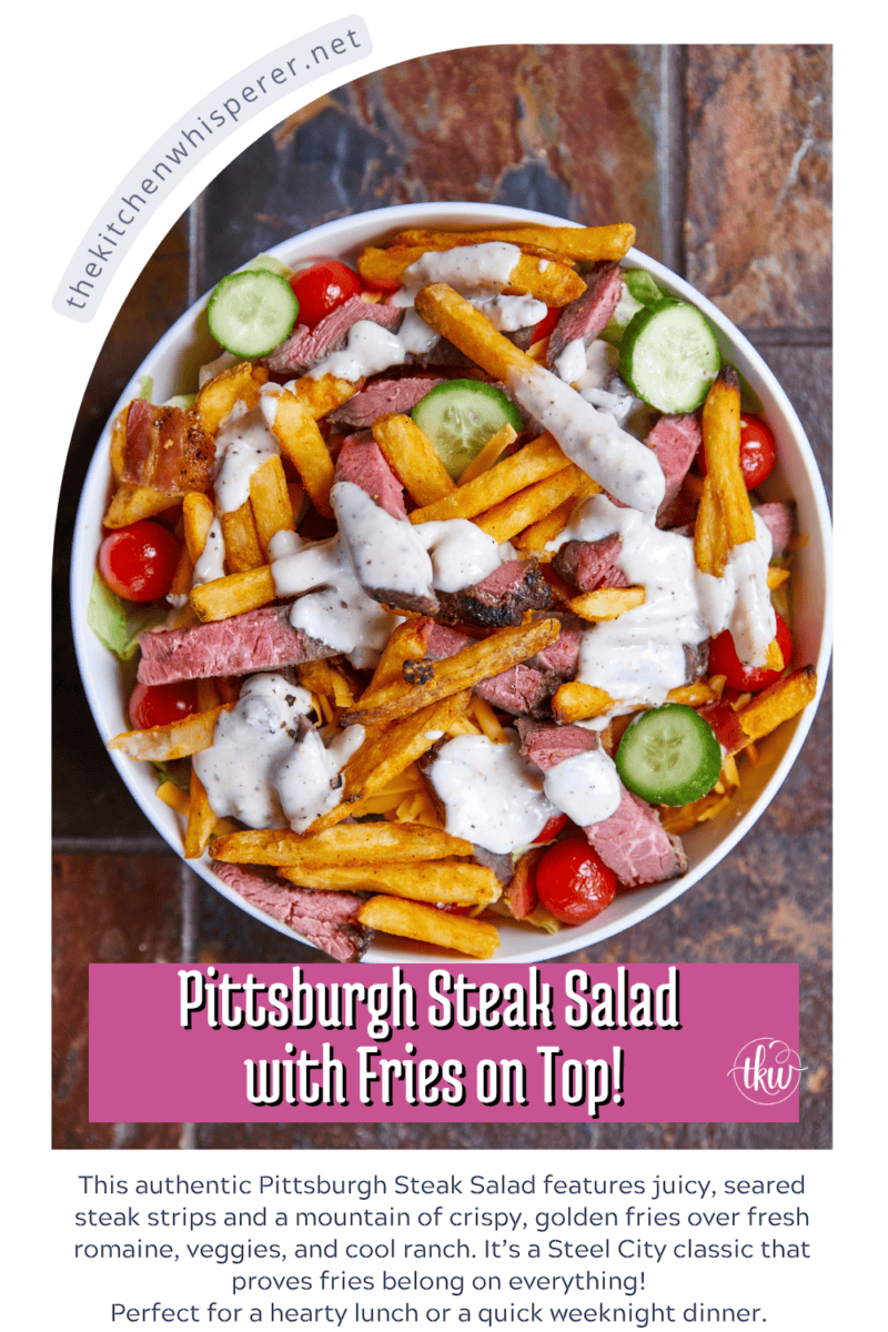 This authentic Pittsburgh Steak Salad features juicy, seared steak strips and a mountain of crispy, golden fries over fresh romaine , veggies, and cool ranch. It’s a Steel City classic that proves fries belong on everything! Perfect for a hearty lunch or a quick weeknight dinner. #PittsburghSteakSalad #SteelCityEats #FriesOnEverything #SaladGoals #EasyDinner