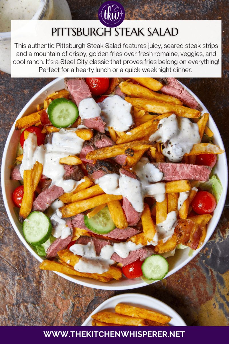 This authentic Pittsburgh Steak Salad features juicy, seared steak strips and a mountain of crispy, golden fries over fresh romaine , veggies, and cool ranch. It’s a Steel City classic that proves fries belong on everything! Perfect for a hearty lunch or a quick weeknight dinner. #PittsburghSteakSalad #SteelCityEats #FriesOnEverything #SaladGoals #EasyDinner