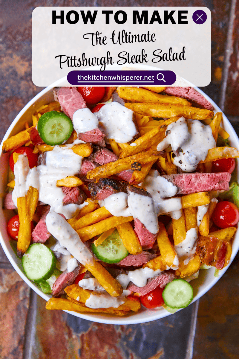 This authentic Pittsburgh Steak Salad features juicy, seared steak strips and a mountain of crispy, golden fries over fresh romaine , veggies, and cool ranch. It’s a Steel City classic that proves fries belong on everything! Perfect for a hearty lunch or a quick weeknight dinner. #PittsburghSteakSalad #SteelCityEats #FriesOnEverything #SaladGoals #EasyDinner