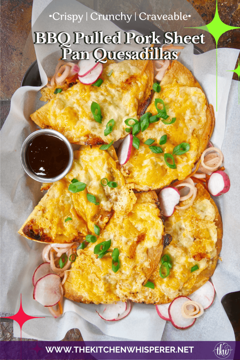 These Crispy Frico-Crusted BBQ Pulled Pork Sheet Pan Quesadillas are the dinner hack you need! Loaded with smoky pulled pork, tangy BBQ sauce, zesty green chiles, and a melty blend of two cheeses, they’re baked until a golden cheese frico crust forms. Whether you use the oven, air fryer, or grill, these are the perfect way to use up leftovers! #SheetPanDinner #Quesadillas #WeeknightDinner #LeftoverRecipes #GameDayFood #AirFryerRecipes #FricoCrust