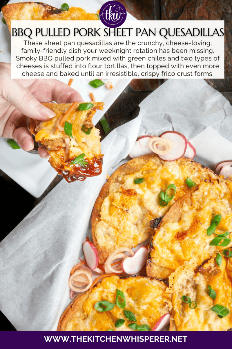 These Crispy Frico-Crusted BBQ Pulled Pork Sheet Pan Quesadillas are the dinner hack you need! Loaded with smoky pulled pork, tangy BBQ sauce, zesty green chiles, and a melty blend of two cheeses, they’re baked until a golden cheese frico crust forms. Whether you use the oven, air fryer, or grill, these are the perfect way to use up leftovers! #SheetPanDinner #Quesadillas #WeeknightDinner #LeftoverRecipes #GameDayFood #AirFryerRecipes #FricoCrust