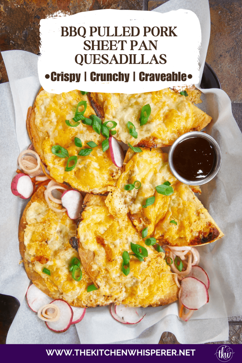 These Crispy Frico-Crusted BBQ Pulled Pork Sheet Pan Quesadillas are the dinner hack you need! Loaded with smoky pulled pork, tangy BBQ sauce, zesty green chiles, and a melty blend of two cheeses, they’re baked until a golden cheese frico crust forms. Whether you use the oven, air fryer, or grill, these are the perfect way to use up leftovers! #SheetPanDinner #Quesadillas #WeeknightDinner #LeftoverRecipes #GameDayFood #AirFryerRecipes #FricoCrust