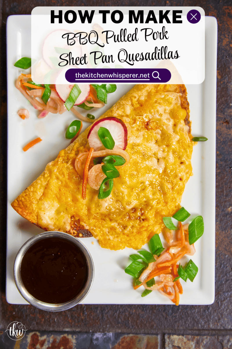 These Crispy Frico-Crusted BBQ Pulled Pork Sheet Pan Quesadillas are the dinner hack you need! Loaded with smoky pulled pork, tangy BBQ sauce, zesty green chiles, and a melty blend of two cheeses, they’re baked until a golden cheese frico crust forms. Whether you use the oven, air fryer, or grill, these are the perfect way to use up leftovers! #SheetPanDinner #Quesadillas #WeeknightDinner #LeftoverRecipes #GameDayFood #AirFryerRecipes #FricoCrust