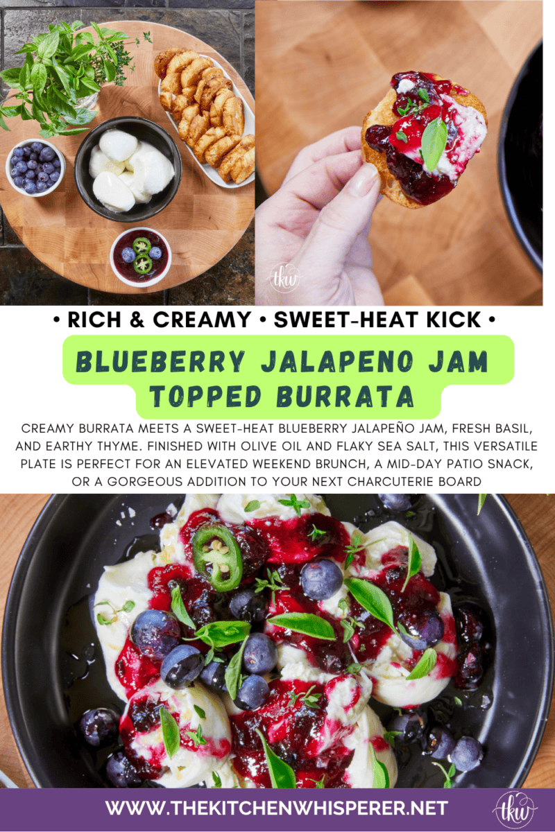 Creamy burrata meets a quick sweet-heat blueberry jalapeño jam, fresh basil, and earthy thyme. Finished with olive oil and flaky sea salt, this versatile plate is perfect for an elevated weekend brunch, a mid-day patio snack, or a gorgeous addition to your next charcuterie board. It looks restaurant-quality but comes together in less than 20 minutes! Head to the blog for the recipe, substitutions, and chef tips. #burrata #charcuterieboard #easyappetizers