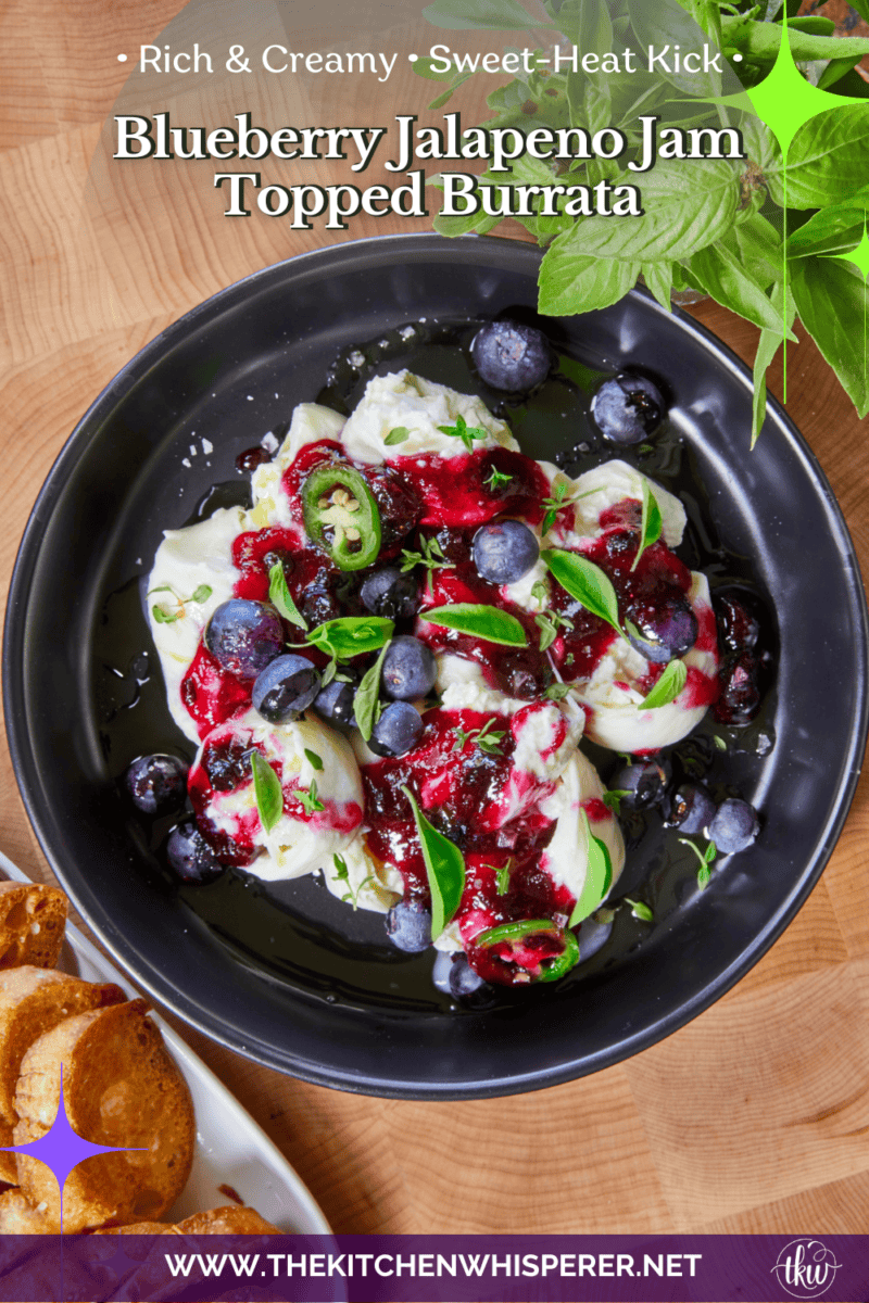 Creamy burrata meets a quick sweet-heat blueberry jalapeño jam, fresh basil, and earthy thyme. Finished with olive oil and flaky sea salt, this versatile plate is perfect for an elevated weekend brunch, a mid-day patio snack, or a gorgeous addition to your next charcuterie board. It looks restaurant-quality but comes together in less than 20 minutes! Head to the blog for the recipe, substitutions, and chef tips. #burrata #charcuterieboard #easyappetizers