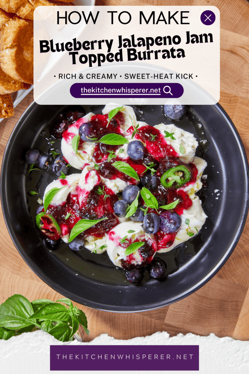 Creamy burrata meets a quick sweet-heat blueberry jalapeño jam, fresh basil, and earthy thyme. Finished with olive oil and flaky sea salt, this versatile plate is perfect for an elevated weekend brunch, a mid-day patio snack, or a gorgeous addition to your next charcuterie board. It looks restaurant-quality but comes together in less than 20 minutes! Head to the blog for the recipe, substitutions, and chef tips. #burrata #charcuterieboard #easyappetizers