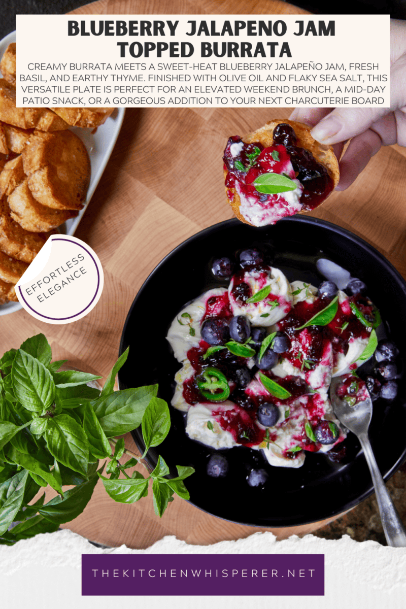Creamy burrata meets a quick sweet-heat blueberry jalapeño jam, fresh basil, and earthy thyme. Finished with olive oil and flaky sea salt, this versatile plate is perfect for an elevated weekend brunch, a mid-day patio snack, or a gorgeous addition to your next charcuterie board. It looks restaurant-quality but comes together in less than 20 minutes! Head to the blog for the recipe, substitutions, and chef tips. #burrata #charcuterieboard #easyappetizers