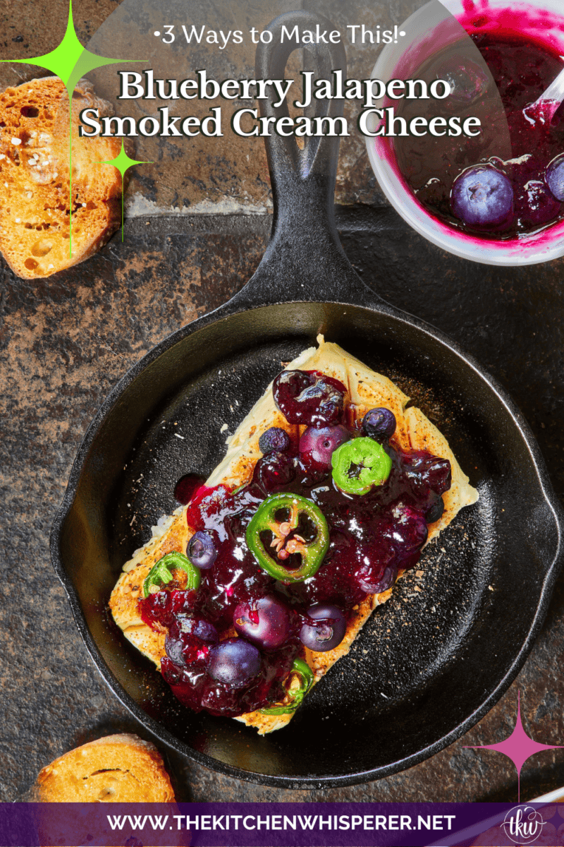 Looking for a killer appetizer? Try this Smoked Cream Cheese with Blueberry and Jalapeno Jam! A block of cream cheese gets a rich, wood-fired smoky flavor, then gets topped with a sweet-heat berry jam. It takes under 10 minutes of hands-on prep, and I'll show you how to make it in a smoker, grill, or kitchen oven. It is the perfect dip for party crackers, a spread for bagels, or a burger topper! #SmokedCreamCheese #SmokerRecipes #EasyAppetizers