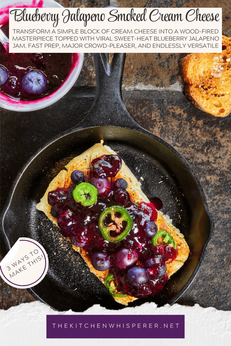 Looking for a killer appetizer? Try this Smoked Cream Cheese with Blueberry and Jalapeno Jam! A block of cream cheese gets a rich, wood-fired smoky flavor, then gets topped with a sweet-heat berry jam. It takes under 10 minutes of hands-on prep, and I'll show you how to make it in a smoker, grill, or kitchen oven. It is the perfect dip for party crackers, a spread for bagels, or a burger topper! #SmokedCreamCheese #SmokerRecipes #EasyAppetizers