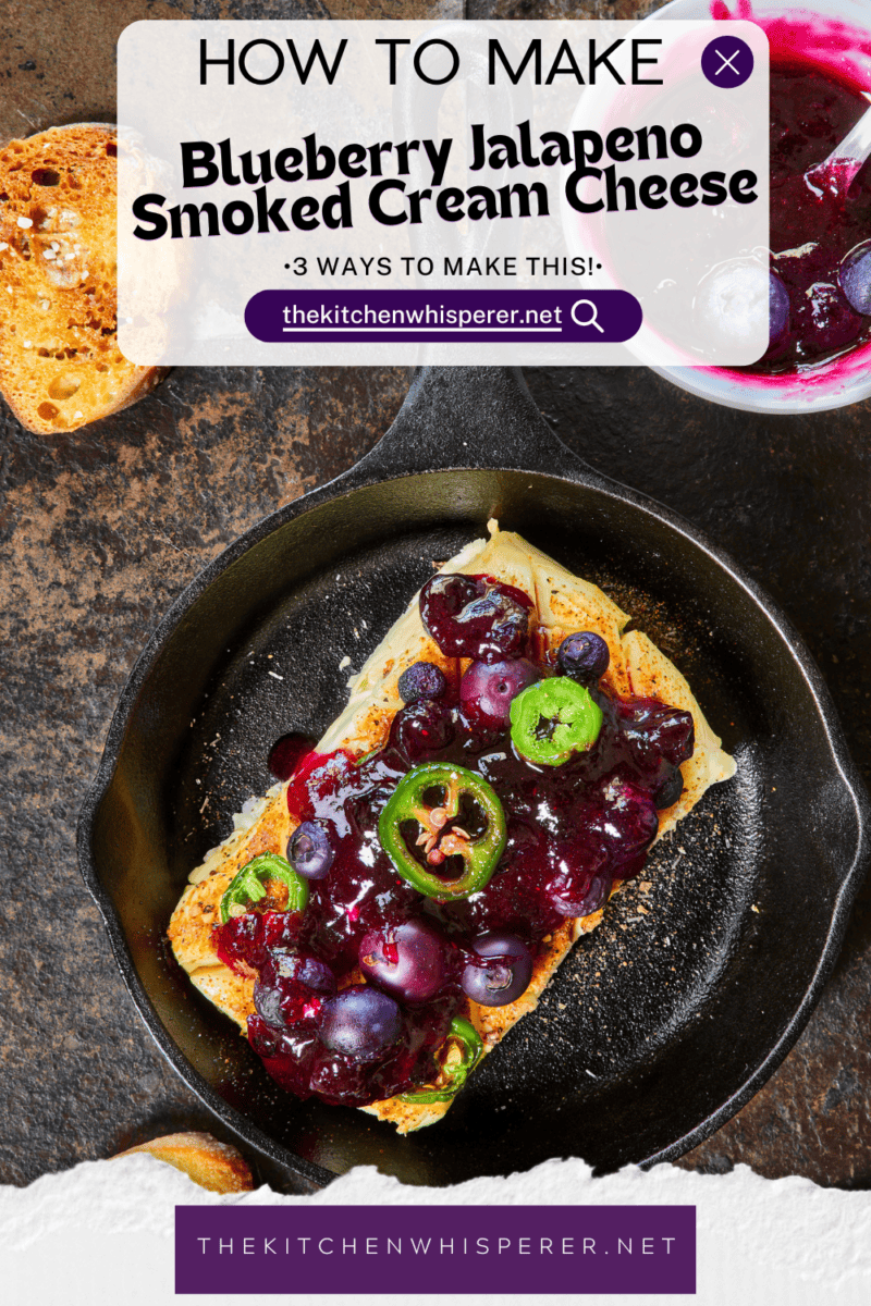 Looking for a killer appetizer? Try this Smoked Cream Cheese with Blueberry and Jalapeno Jam! A block of cream cheese gets a rich, wood-fired smoky flavor, then gets topped with a sweet-heat berry jam. It takes under 10 minutes of hands-on prep, and I'll show you how to make it in a smoker, grill, or kitchen oven. It is the perfect dip for party crackers, a spread for bagels, or a burger topper! #SmokedCreamCheese #SmokerRecipes #EasyAppetizers