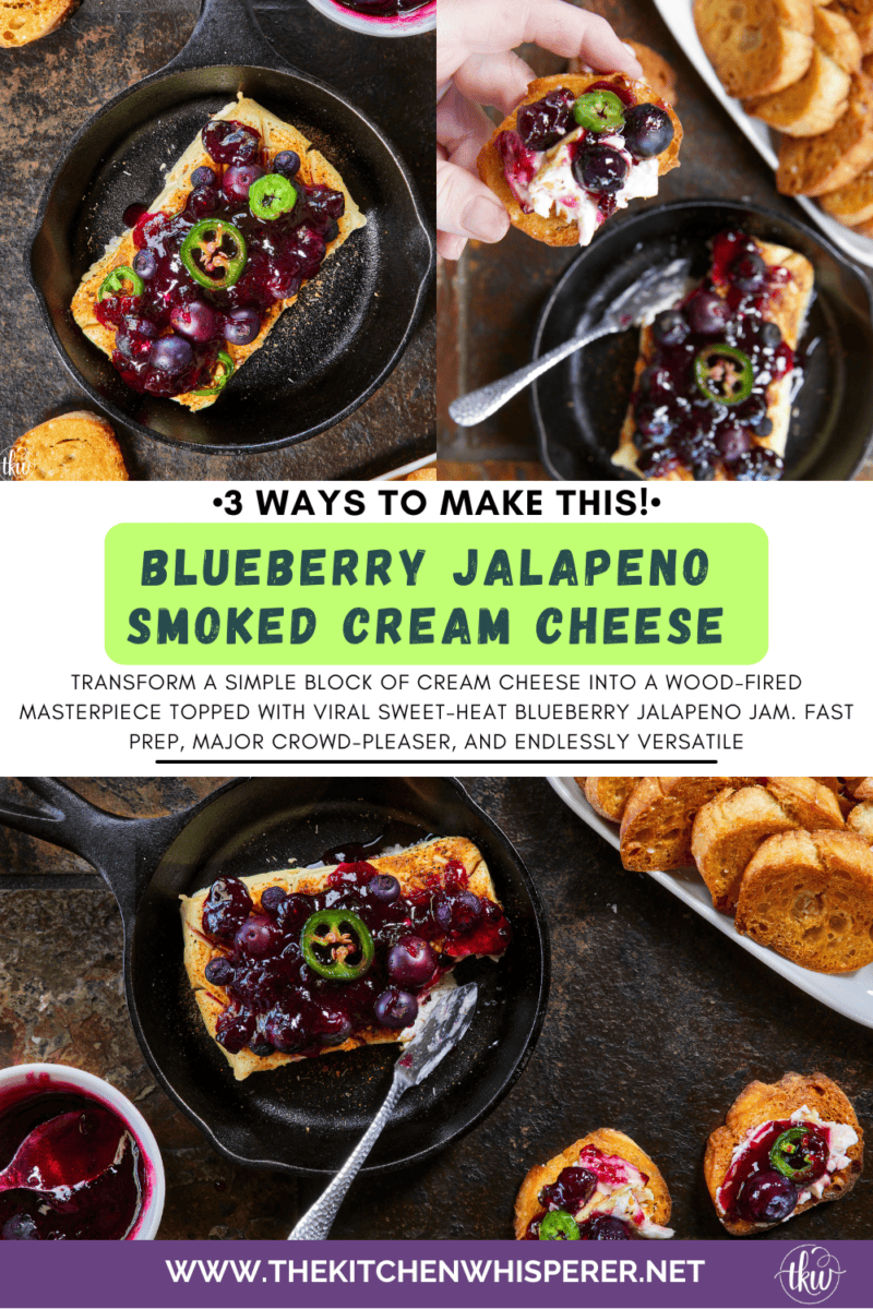 Looking for a killer appetizer? Try this Smoked Cream Cheese with Blueberry and Jalapeno Jam! A block of cream cheese gets a rich, wood-fired smoky flavor, then gets topped with a sweet-heat berry jam. It takes under 10 minutes of hands-on prep, and I'll show you how to make it in a smoker, grill, or kitchen oven. It is the perfect dip for party crackers, a spread for bagels, or a burger topper! #SmokedCreamCheese #SmokerRecipes #EasyAppetizers