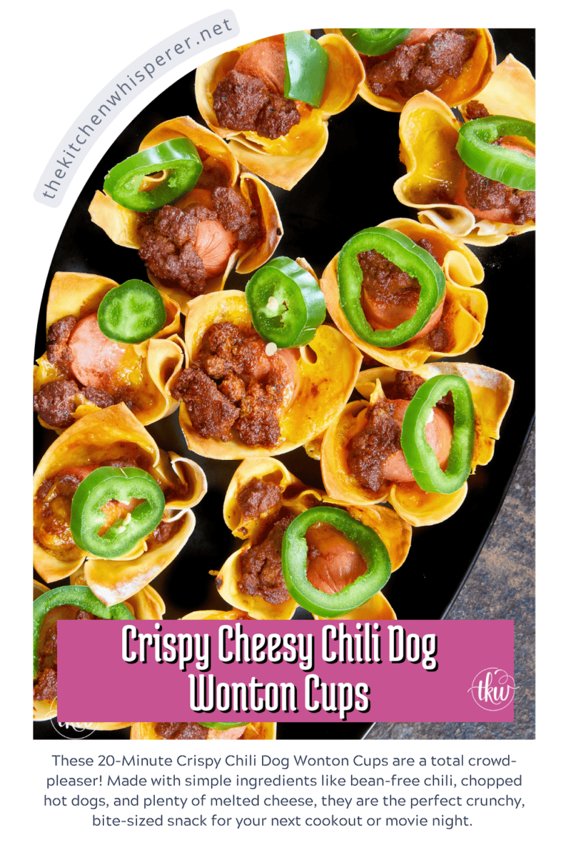 Looking for the best game day appetizer? These Crispy Chili Dog Wonton Cups are a total crowd-pleaser! 🌭🧀 Made with simple ingredients like bean-free chili, chopped hot dogs, and plenty of melted cheese, they are the perfect crunchy, bite-sized snack for your next cookout or movie night. A great way to use up leftover hot dogs in just 20 minutes! #ChiliDogWontonCups #GameDayEats #EasyAppetizers #WontonRecipes