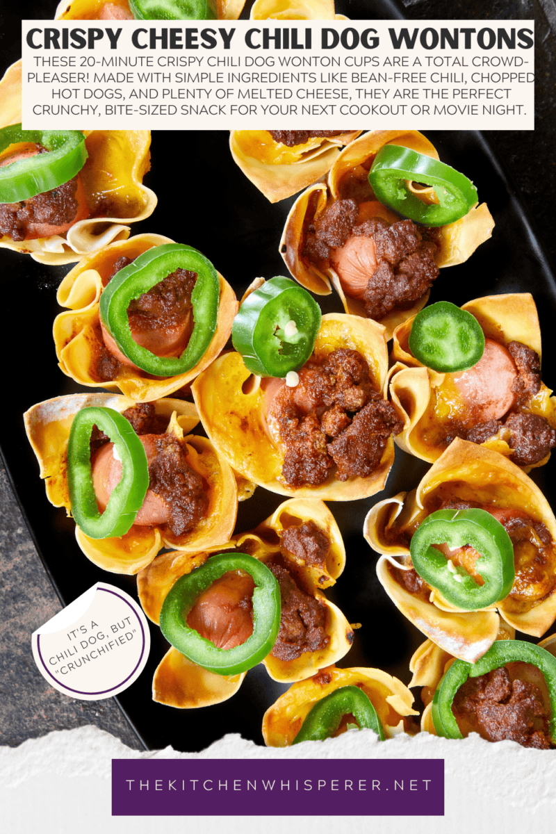 Looking for the best game day appetizer? These Crispy Chili Dog Wonton Cups are a total crowd-pleaser! 🌭🧀 Made with simple ingredients like bean-free chili, chopped hot dogs, and plenty of melted cheese, they are the perfect crunchy, bite-sized snack for your next cookout or movie night. A great way to use up leftover hot dogs in just 20 minutes! #ChiliDogWontonCups #GameDayEats #EasyAppetizers #WontonRecipes