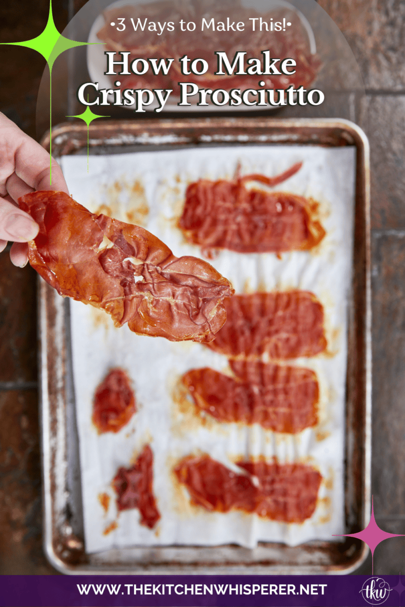 Think of this as the elegant, 10-minute upgrade to bacon bits! Learn how to make crispy prosciutto in the oven, air fryer, or stovetop with just 1 ingredient and zero prep work. It adds the perfect savory crunchification to your favorite salads, pasta, soups, and charcuterie boards! #CrispyProsciutto #CharcuterieBoard #EasyRecipes