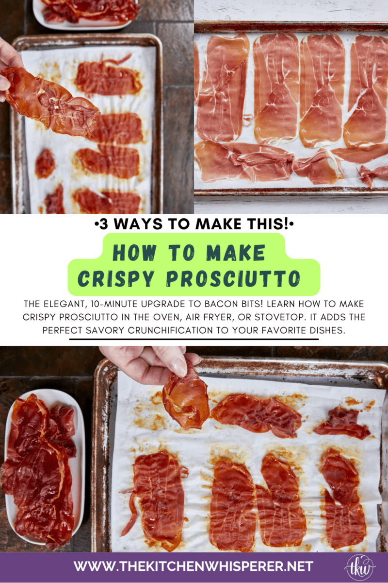 Think of this as the elegant, 10-minute upgrade to bacon bits! Learn how to make crispy prosciutto in the oven, air fryer, or stovetop with just 1 ingredient and zero prep work. It adds the perfect savory crunchification to your favorite salads, pasta, soups, and charcuterie boards! #CrispyProsciutto #CharcuterieBoard #EasyRecipes