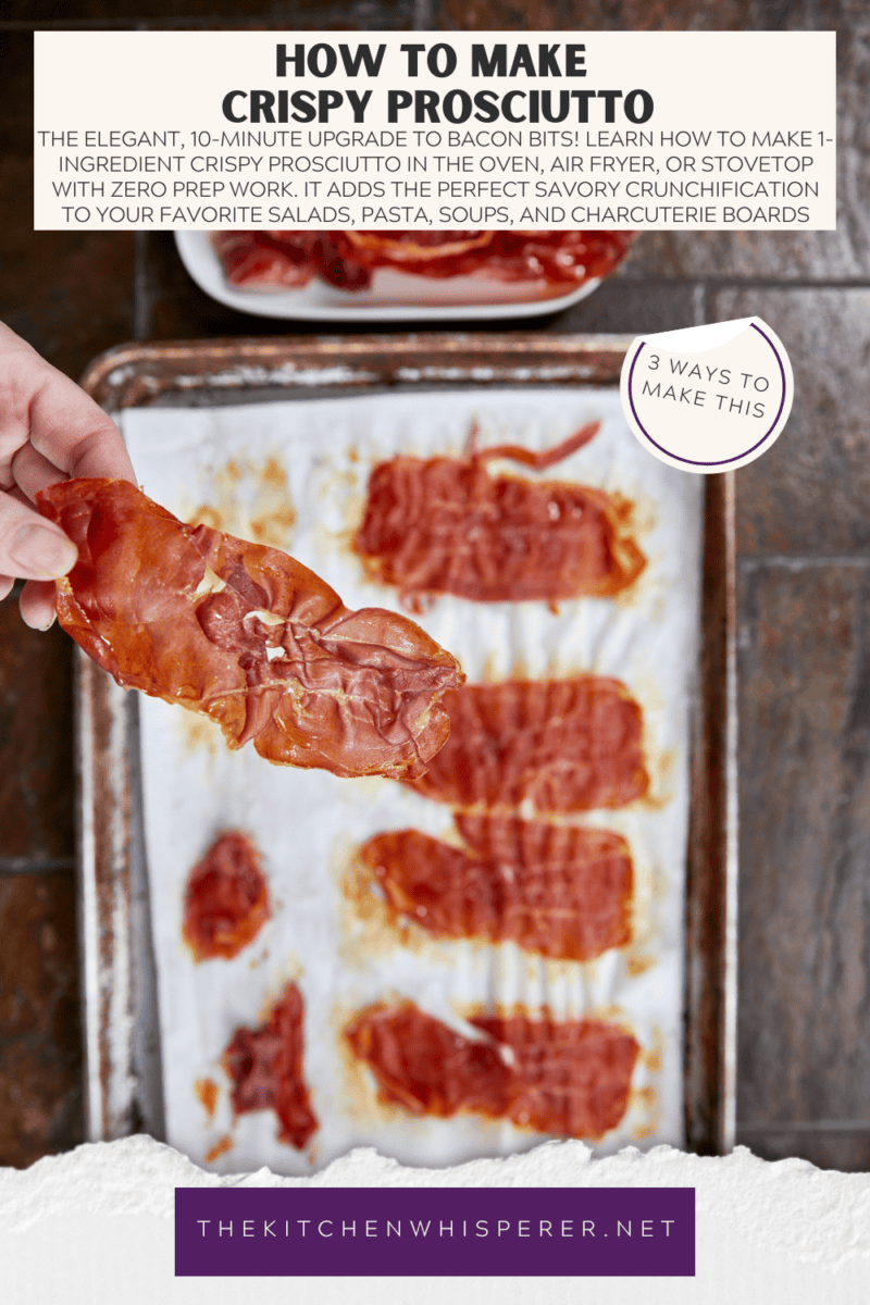 Think of this as the elegant, 10-minute upgrade to bacon bits! Learn how to make crispy prosciutto in the oven, air fryer, or stovetop with just 1 ingredient and zero prep work. It adds the perfect savory crunchification to your favorite salads, pasta, soups, and charcuterie boards! #CrispyProsciutto #CharcuterieBoard #EasyRecipes