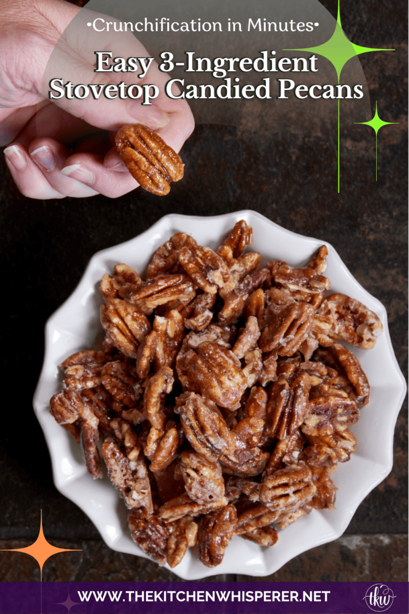 Give your pecans a major glow up! These 3-ingredient stovetop candied pecans take just 10 minutes in a single skillet—no oven required. They are the perfect crunchy, caramelized addition to elevate your salads, holiday snacks, or dessert toppings. Once you try this quick skillet method, you'll never go back to store-bought! #candiedpecans #easyrecipes #stovetoprecipes