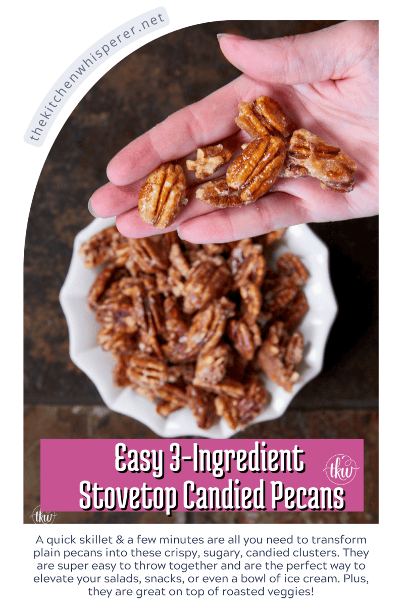 Give your pecans a major glow up! These 3-ingredient stovetop candied pecans take just 10 minutes in a single skillet—no oven required. They are the perfect crunchy, caramelized addition to elevate your salads, holiday snacks, or dessert toppings. Once you try this quick skillet method, you'll never go back to store-bought! #candiedpecans #easyrecipes #stovetoprecipes