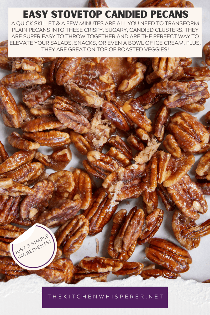 Give your pecans a major glow up! These 3-ingredient stovetop candied pecans take just 10 minutes in a single skillet—no oven required. They are the perfect crunchy, caramelized addition to elevate your salads, holiday snacks, or dessert toppings. Once you try this quick skillet method, you'll never go back to store-bought! #candiedpecans #easyrecipes #stovetoprecipes