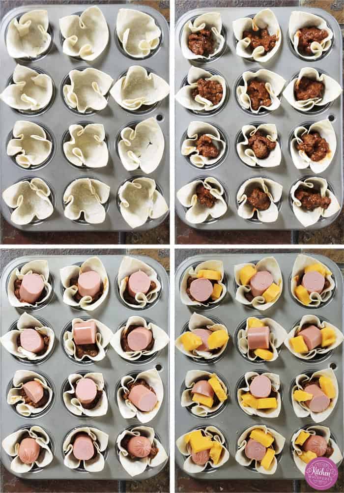 Looking for the best game day appetizer? These Crispy Chili Dog Wonton Cups are a total crowd-pleaser! 🌭🧀 Made with simple ingredients like bean-free chili, chopped hot dogs, and plenty of melted cheese, they are the perfect crunchy, bite-sized snack for your next cookout or movie night. A great way to use up leftover hot dogs in just 20 minutes! #ChiliDogWontonCups #GameDayEats #EasyAppetizers #WontonRecipes