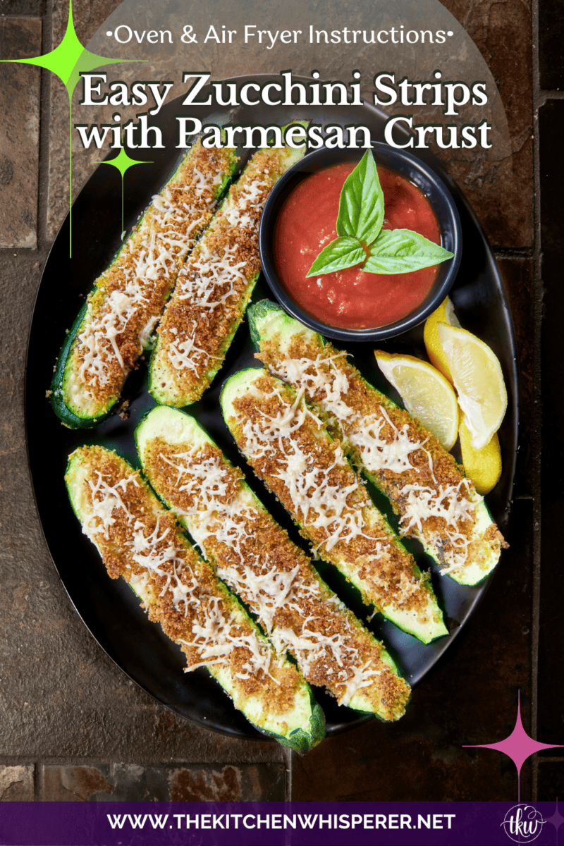 These easy zucchini strips are topped with a toasted Parmesan herb crust! Made in the oven or air fryer, they are the perfect light summer side dish or appetizer to pair with your favorite dipping sauce. #easyzucchini #zucchinistrips #bakedzucchini