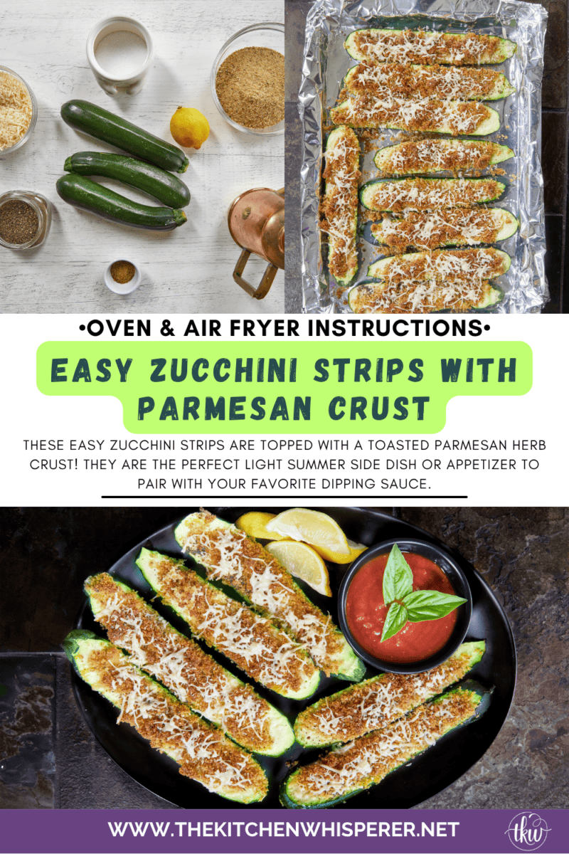 These easy zucchini strips are topped with a toasted Parmesan herb crust! Made in the oven or air fryer, they are the perfect light summer side dish or appetizer to pair with your favorite dipping sauce. #easyzucchini #zucchinistrips #bakedzucchini
