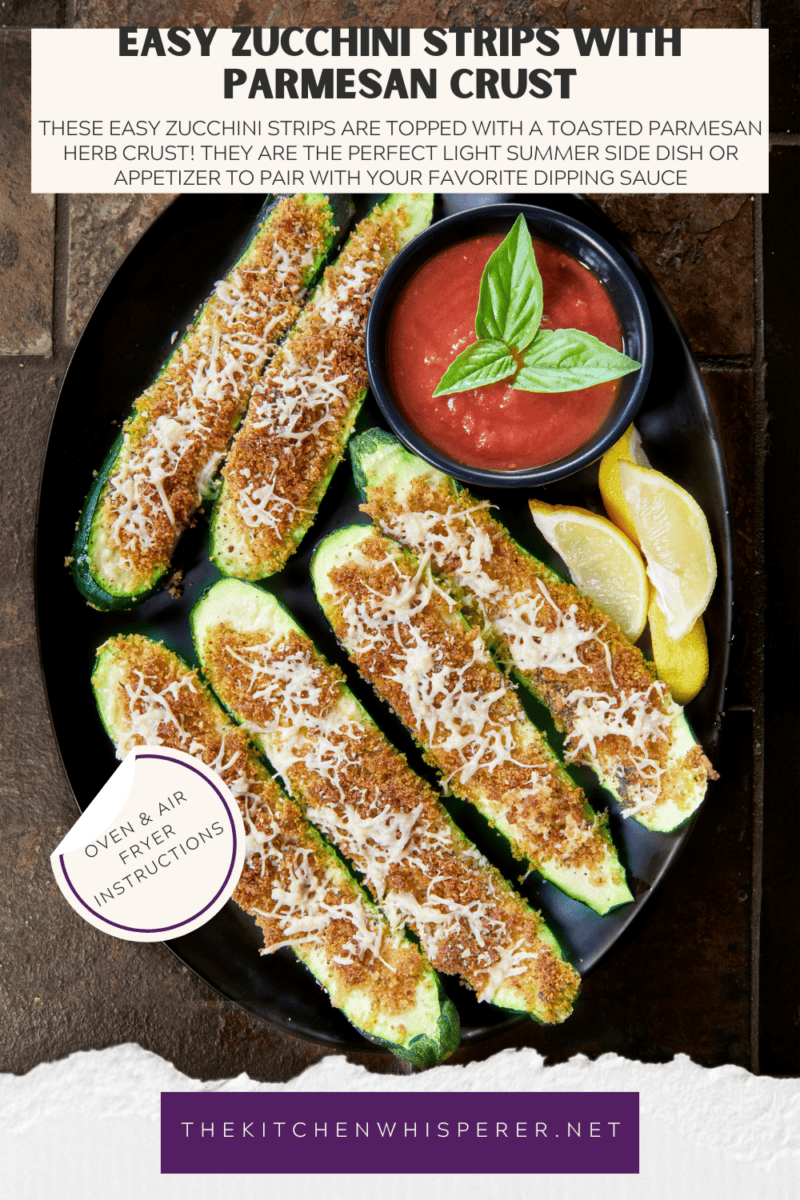 These easy zucchini strips are topped with a toasted Parmesan herb crust! Made in the oven or air fryer, they are the perfect light summer side dish or appetizer to pair with your favorite dipping sauce. #easyzucchini #zucchinistrips #bakedzucchini