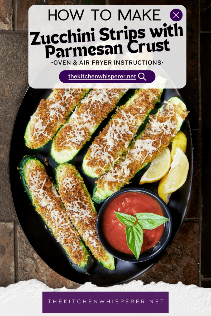 These easy zucchini strips are topped with a toasted Parmesan herb crust! Made in the oven or air fryer, they are the perfect light summer side dish or appetizer to pair with your favorite dipping sauce. #easyzucchini #zucchinistrips #bakedzucchini