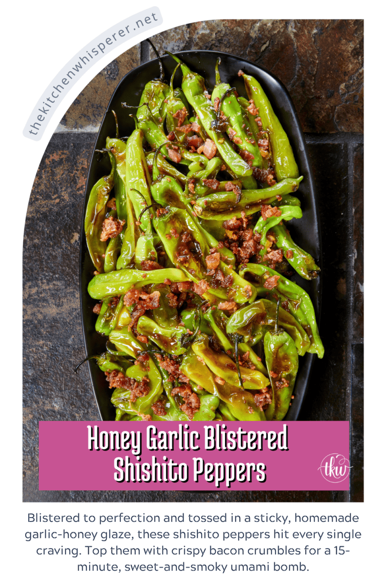 Blistered to perfection and tossed in a sticky, homemade garlic-honey glaze, these shishito peppers hit every single craving. Top them with crispy bacon crumbles for a 15-minute, sweet-and-smoky umami bomb. #ShishitoPeppers #honeygarlicsauce #fingerfoods