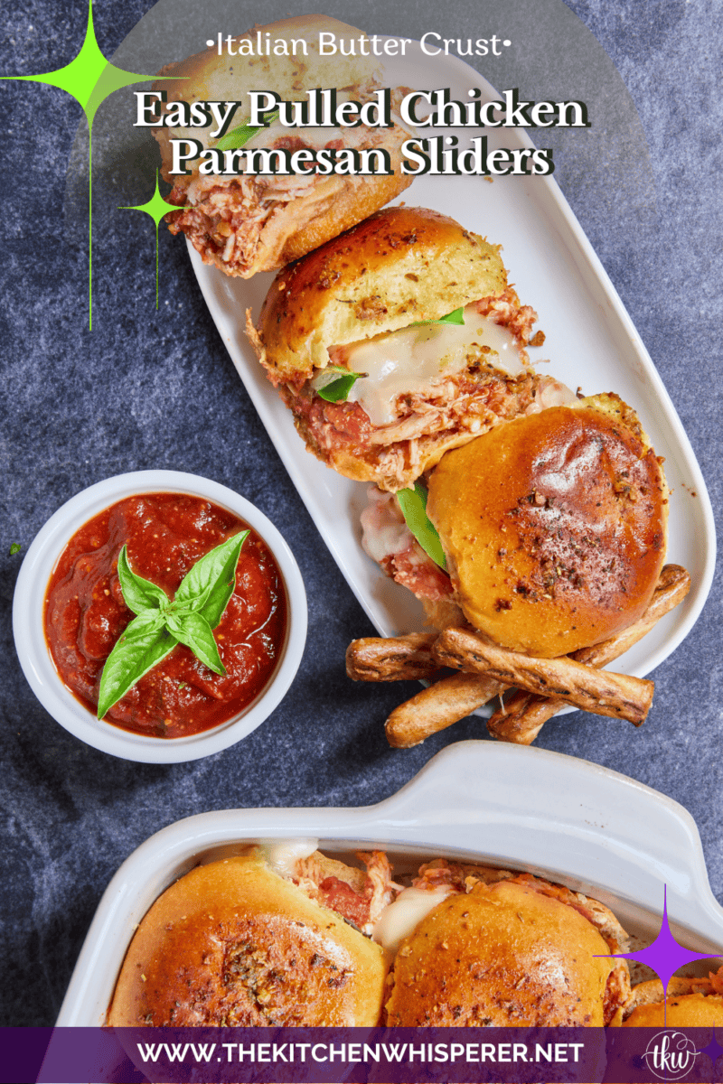 These golden brioche sliders are piled high with juicy shredded chicken tossed in rich marinara, layered with fresh basil and thick, melty mozzarella, and finished with a savory Italian-seasoned butter glaze. All the flavors of classic chicken parmesan, but without the knife and fork! #ChickenParmSliders #onepanDinner #PartyFood #PulledChicken #SliderRecipes