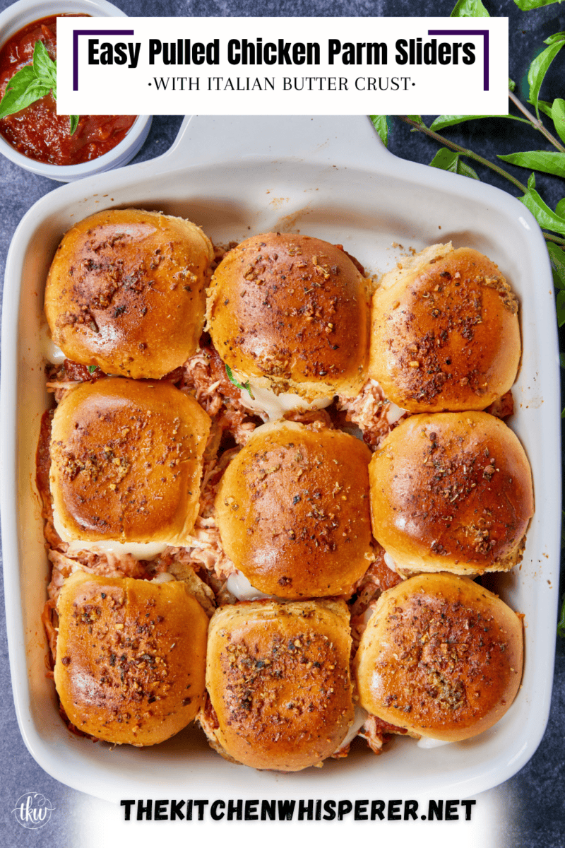 These golden brioche sliders are piled high with juicy shredded chicken tossed in rich marinara, layered with fresh basil and thick, melty mozzarella, and finished with a savory Italian-seasoned butter glaze. All the flavors of classic chicken parmesan, but without the knife and fork! #ChickenParmSliders #onepanDinner #PartyFood #PulledChicken #SliderRecipes