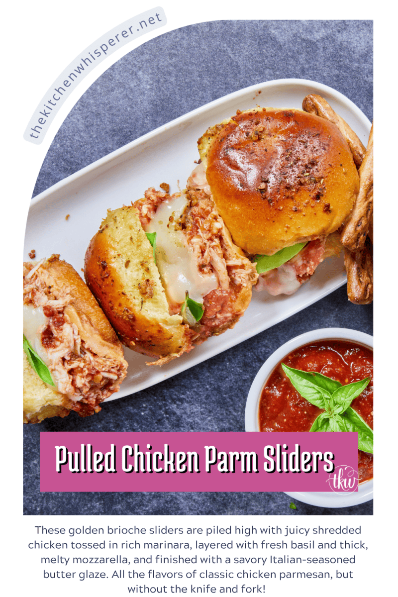These golden brioche sliders are piled high with juicy shredded chicken tossed in rich marinara, layered with fresh basil and thick, melty mozzarella, and finished with a savory Italian-seasoned butter glaze. All the flavors of classic chicken parmesan, but without the knife and fork! #ChickenParmSliders #onepanDinner #PartyFood #PulledChicken #SliderRecipes
