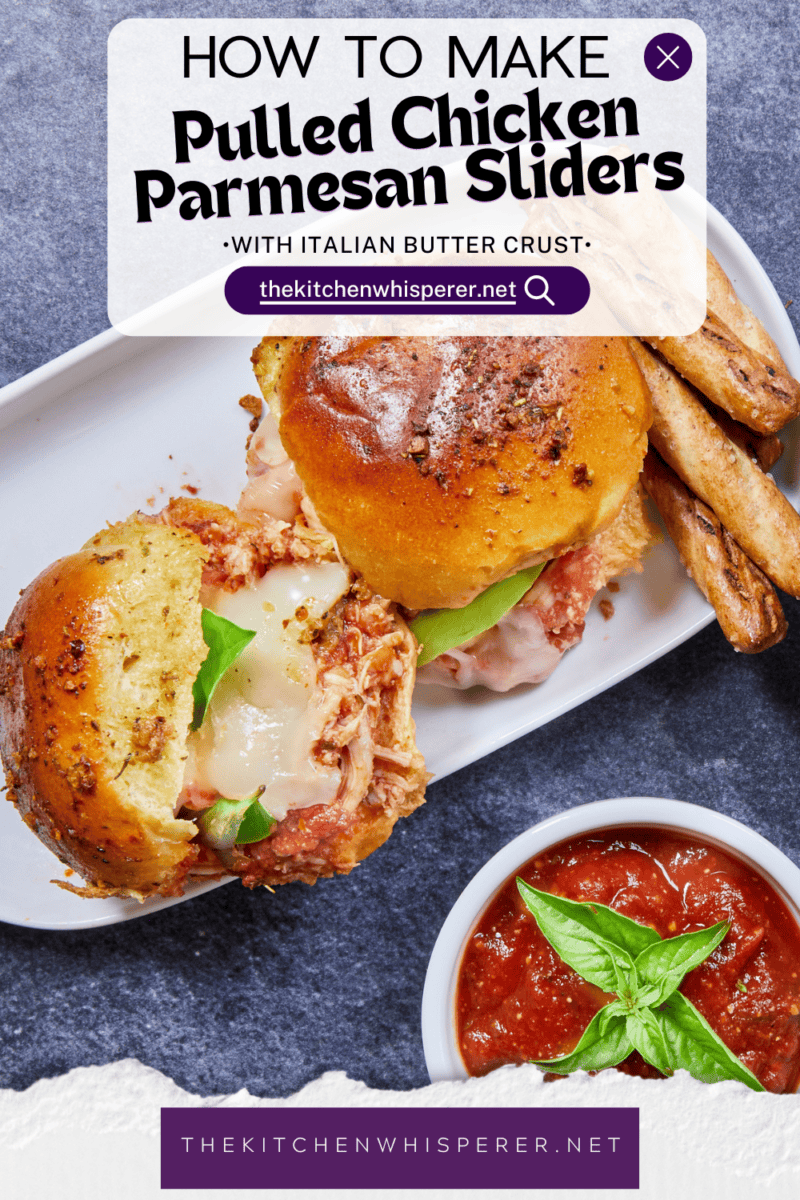 These golden brioche sliders are piled high with juicy shredded chicken tossed in rich marinara, layered with fresh basil and thick, melty mozzarella, and finished with a savory Italian-seasoned butter glaze. All the flavors of classic chicken parmesan, but without the knife and fork! #ChickenParmSliders #onepanDinner #PartyFood #PulledChicken #SliderRecipes